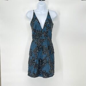 Dress the Population Plunge Cocktail Dress Jordyn Teal Black Sequin Leaf Size XS